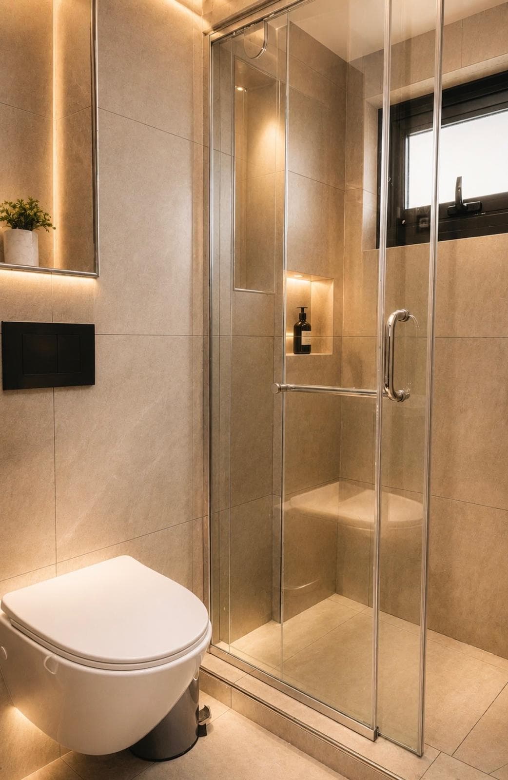 Salle de bain avec douche à l'italienne et éclairage indirect