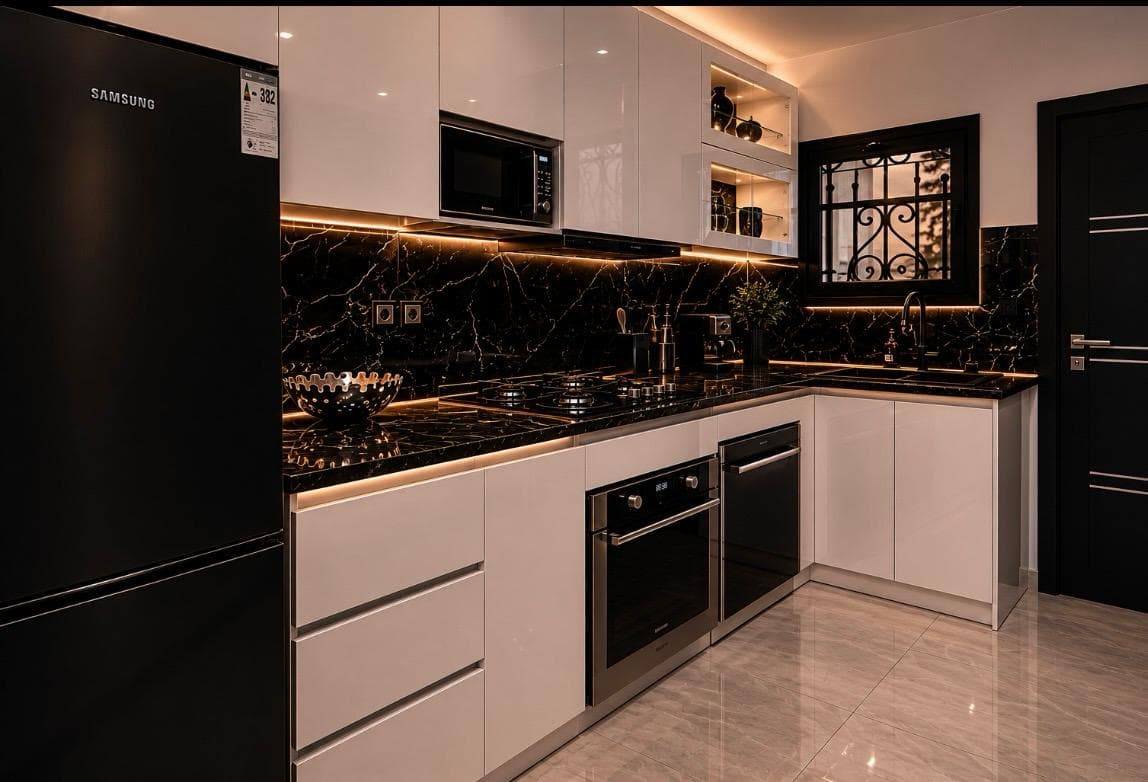Cuisine moderne équipée en marbre noir, location meublée haut de gamme Yaoundé